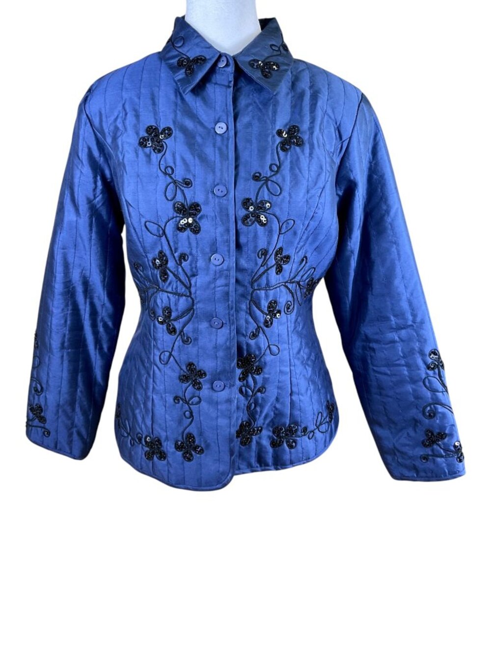 Carole Little Silk Jacket Blue Embroidered Quilted Sequin Floral Art to Wear (M)